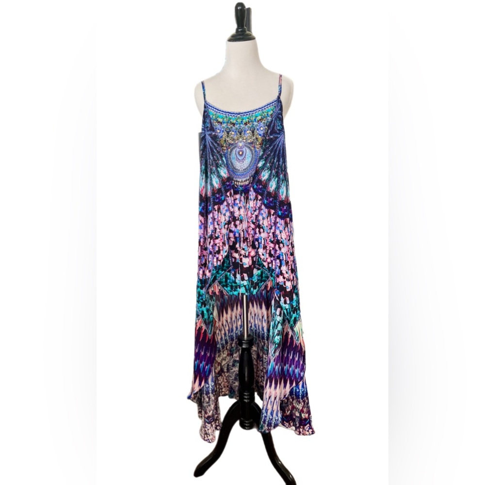 Camilla Maxi Dress Mini w/ Long Over Layer Tie Front Hi-Lo Sparkled Mixed Print - Picture 10 of 13